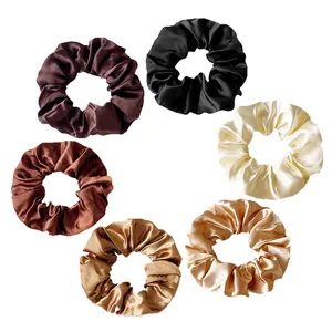 Set of 6 satin silk scrunchies in earth tones like black brown and champagne gold