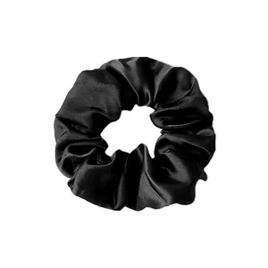 Classic black satin scrunchie with a glossy finish and pleated elastic fabric design