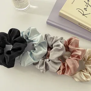 5-piece set of elegant satin scrunchies in black, blue, silver, rose gold and champagne