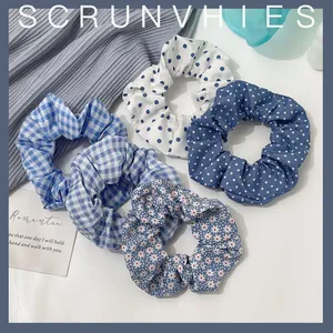 Ocean Blue Series Fabric Scrunchies Polka Dot Plaid Floral Pattern Elastic Hair Ties Soft Ponytail Holder Women Hair Accessories