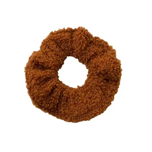 Brown teddy fleece scrunchie with soft curly plush texture for autumn and winter