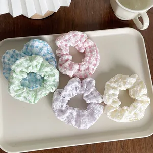 Five-piece set of plaid fabric scrunchies in pastel colors for summer hairstyles