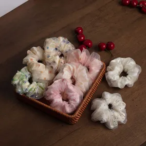 Große Organza Scrunchies Blumen Punktiert Hahnentritt Print Doppelschicht Tüll Elastische Haargummis Für Damen Mädchen Alltag Styling