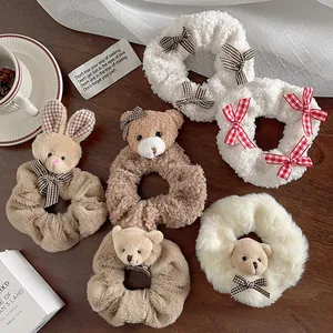 Lot de 6 chouchous en peluche avec têtes d'ours, lapins et nœuds en velours sur bois