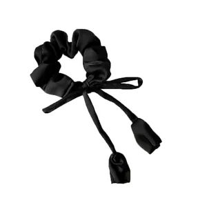 Elegant black ribbon scrunchie with tulip flower pendants and smooth satin finish