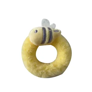 Cute yellow plush bee hair scrunchie with soft faux fur and cartoon embroidery