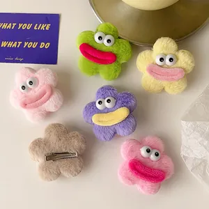 Barrettes à cheveux fleurs en peluche avec grands yeux et lèvres charnues multicolores
