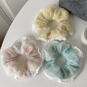 Women Winter Knitted Woolen Yarn Scrunchies With White Lace Edge Sweet Bowknot Elastic Hair Ties Colorful Fuzzy Hair Rings