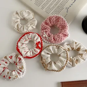 6-pack plush scrunchies featuring cartoon bears, cherry prints and lace bow details