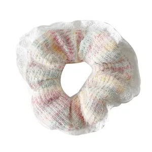 Lace ruffle scrunchie with colorful plush yarn and elegant pearls hair accessory