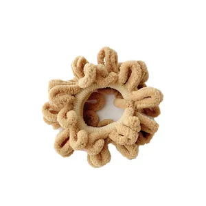 Plush faux fur hair scrunchie in khaki brown soft chenille fabric for women