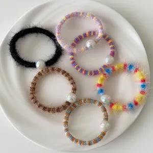 Lot de 5 chouchous en fil arc-en-ciel haute élasticité avec perles irisées