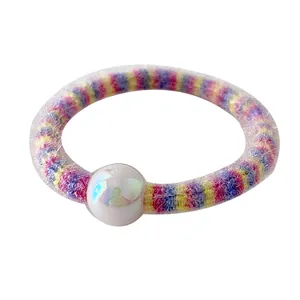 Élastique à cheveux tricoté coloré avec rayures arc-en-ciel et perle brillante décorative