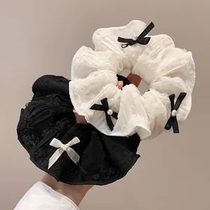 Balletcore Spitze Haargummi Französischer Stil Bandschleife Und Künstliche Perlenimitat Großes Haarseil Süßer Haarschmuck Für Damen