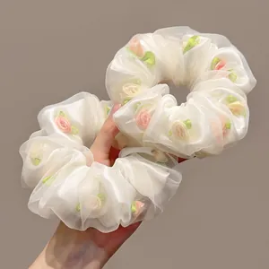 Chouchous Larges en Organza Floral Pour Femmes Élastiques à Cheveux en Maille Fleurs Accessoires Style Mori Quotidien