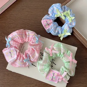 Fresh Plaid Bowknot Scrunchies Sweet Fabric Checkered Hair Ties With Handmade Tag High Elasticity Hair Accessories For Women Girls