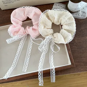 Korean Style Sweet Lace Bow Scrunchie With Long Ribbon Elegant Fabric Elastic Hair Ties For Women Aesthetic Hair Accessories