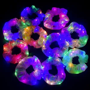Set of 10 LED glowing mesh scrunchies in vibrant colors for parties and night styling