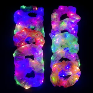 LED Glowing Hair Scrunchies Multicolor Laser Organza Mesh Light Up Hair Ties Nightclub Disco Party Accessories For Women