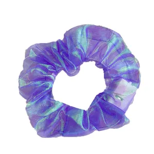 Purple mermaid scale LED light-up mesh scrunchie with iridescent holographic finish