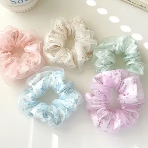 Set di 5 elastici in organza floreale in colori pastello per acconciature a coda di cavallo