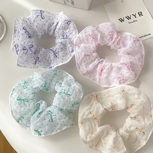 Vierer-Set pastellfarbene Haargummis aus Organza mit Punkten und Schleifenprint für Zöpfe