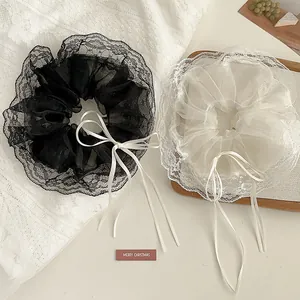 Women Sweet Lace Mesh Hair Scrunchies Large Organza Hair Tie With Satin Ribbon Bow Elegant French Style Hair Accessories