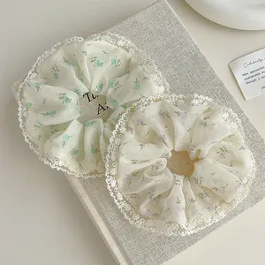 Pastoral Floral Scrunchies For Women Elegant Lace Trim Chiffon Hair Tie Sweet Botanical Pattern Soft Fabric Hair Accessories Everyday Use