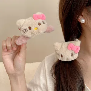 Süßes Plüsch-Haarklammer-Set mit rosa Schleife und niedlicher Katzen-Stickerei für Damen