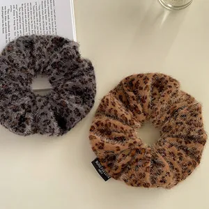 Vintage leopard print plush scrunchies set in brown and grey faux fur for women