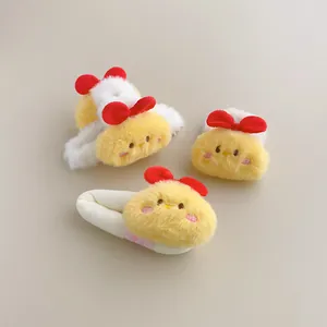 Cute yellow plush chick hair clip set with red bows for autumn and winter hairstyles
