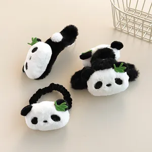 Cute plush panda hair claw clip and scrunchie set with bamboo leaf embroidery details