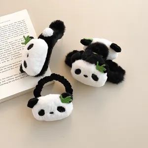 Cute panda plush hair accessories set with fuzzy claw clip and scrunchie with bamboo leaf