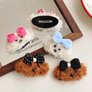Set di 5 graziose mollette per capelli in peluche a forma di cane Teddy con fiocchi colorati