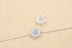 Macro detail of S925 sterling silver hollow hexagram star pendant and necklace chain