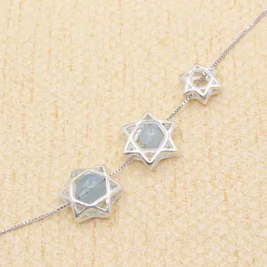 S925 sterling silver hexagram star pendant necklace with light blue gemstone beads