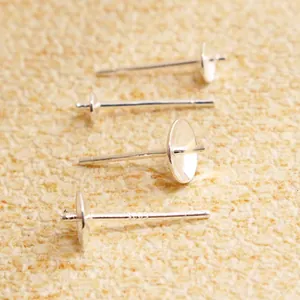 S925 sterling silver DIY earring posts with cup settings for pearl and crystal jewelry
