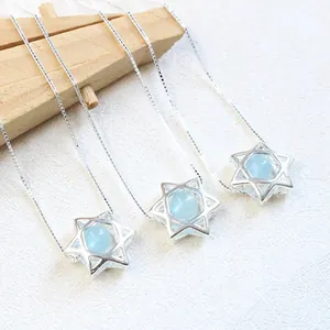 Three S925 silver hexagram necklaces with hollow star pendants and blue gemstones