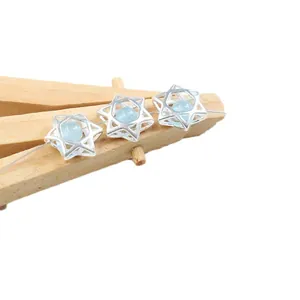 S925 Sterling silver hollow hexagram beads with light blue core for DIY jewelry making