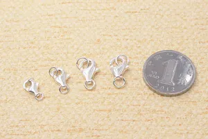 Detailed size comparison of four S925 sterling silver lobster clasps with a coin