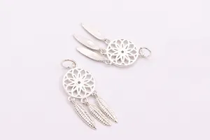 Macro detail of S925 sterling silver dreamcatcher pendant with three feather charms