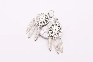Detailed S925 sterling silver dreamcatcher pendant with feathers shown with a coin size reference