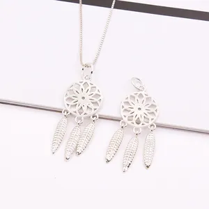 925 Sterling Silver Dreamcatcher Pendant With Three Feather Charms Hollow Out Ethnic Jewelry Making Accessory For Women DIY