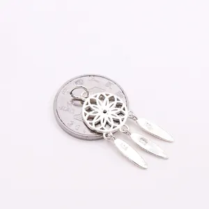 S925 sterling silver dreamcatcher pendant with feathers and size comparison coin