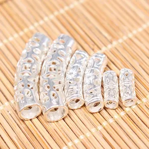 Hollow S925 sterling silver tube beads with carved pattern for DIY jewelry making