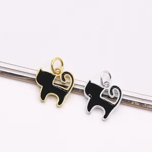 Ciondoli gatto in argento S925 in oro e smalto nero per la creazione di gioielli fai da te