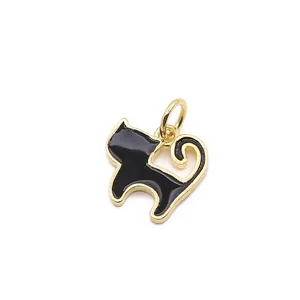 Ciondolo gatto in argento S925 dorato con smalto nero per la creazione di gioielli