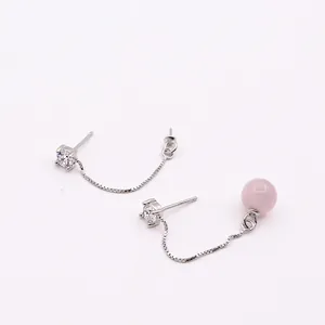 S925 sterling silver asymmetrical zircon box chain earrings with a pink bead drop