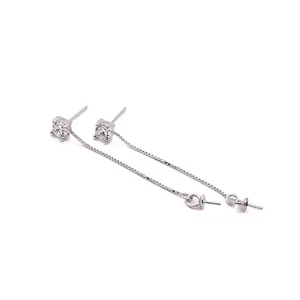S925 sterling silver drop earrings with box chain and zircon stud for DIY pearl jewelry