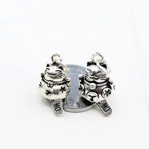 S925 Sterling Silver Vintage Lucky Cat Pendant DIY Jewelry Making Accessories Thai Silver Maneki Neko Charm For Craft Projects